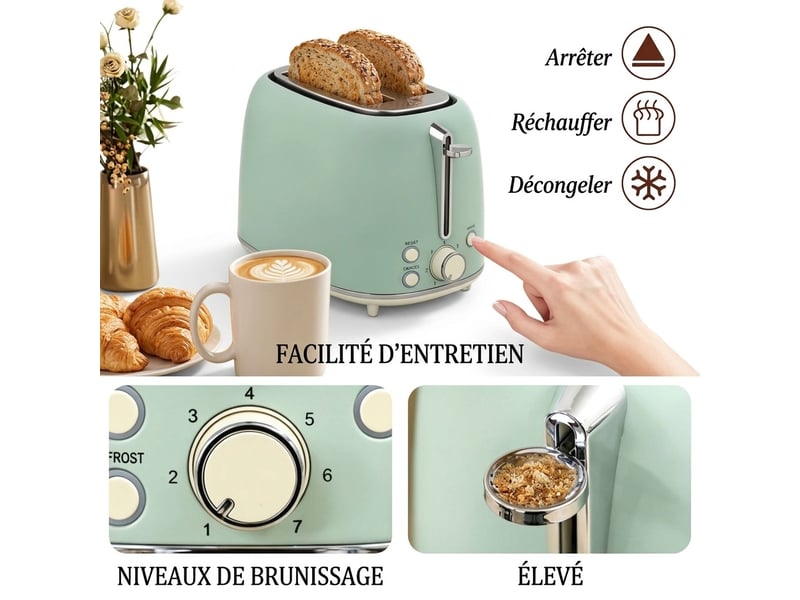  Set petit-déjeuner rétro 2 pièces en acier inoxydable – bouilloire électrique 1,7 l 2200w (thermostat strix) et grille-pain 7 niveaux de dorage – vert pastel et argent  - Conforama C