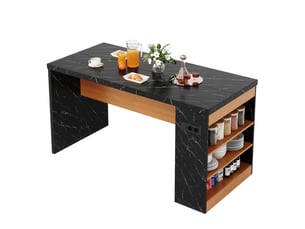 Îlot de cuisine 155x80x90cm avec éclairage led intégré et prises, plan de travail 40mm, couleur noir et naturel