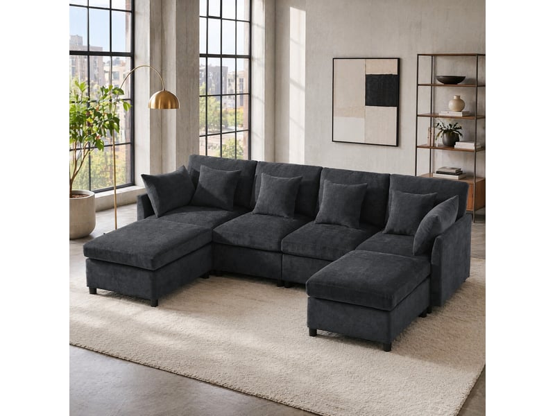  Canapé modulaire 6 places convertible en u et en l avec 2 poufs et 6 coussins en chenille gris 278 × 161 × 81 cm  - Conforama C