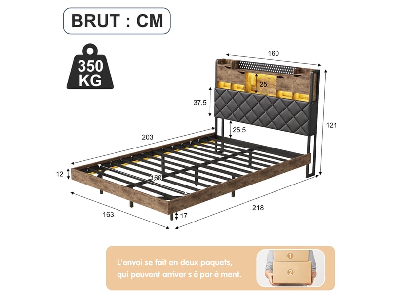  Lit 160x200 cm - lit double 160x200 - cadre suspendu avec led, tête de lit rangement, prises usb - marron &amp; noir  - Conforama E