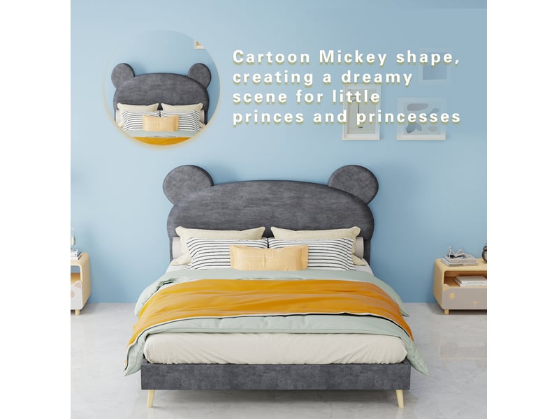  Lit enfant 140 × 200 cm 2 places avec tête de lit ours, sans matelas, en tissu et métal, gris  - Conforama E