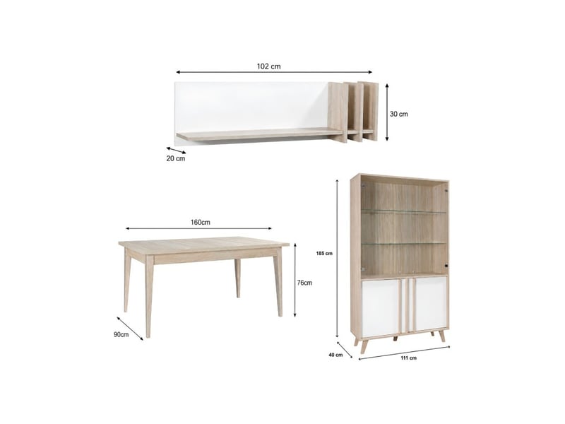 Salle à manger complète malmo avec table 160 cm, vitrine led et étagère murale – chêne clair et blanc – style scandinave - Conforama C