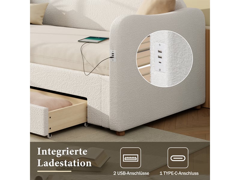  Lit rembourré 90x200 cm, lit de jour, canapé-lit a extensible à 180 cm avec port usb, canapé-lit avec 2 tiroirs de rangement  - Conforama R