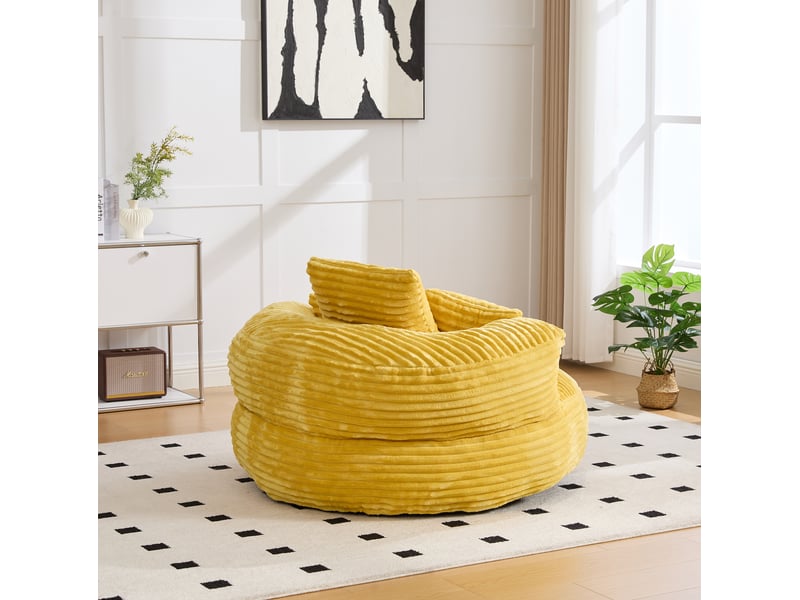  Fauteuil pouf 108x108x52 cm, dossier haut, jaune moutarde, revêtement en velours côtelé, avec 3 coussins, chaise longue durable et confortable  - Conforama E