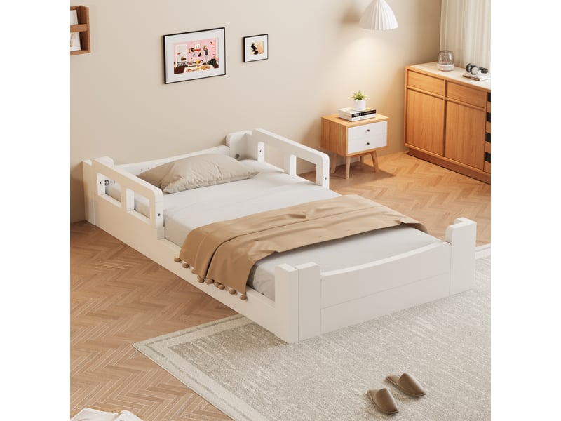  Lit enfant transformable 90x200 cm, lit bas ou surélevé avec barrières, banc de pied et sommier à lattes, pin et mdf, blanc OPULERANE TRADING LTD - Conforama B