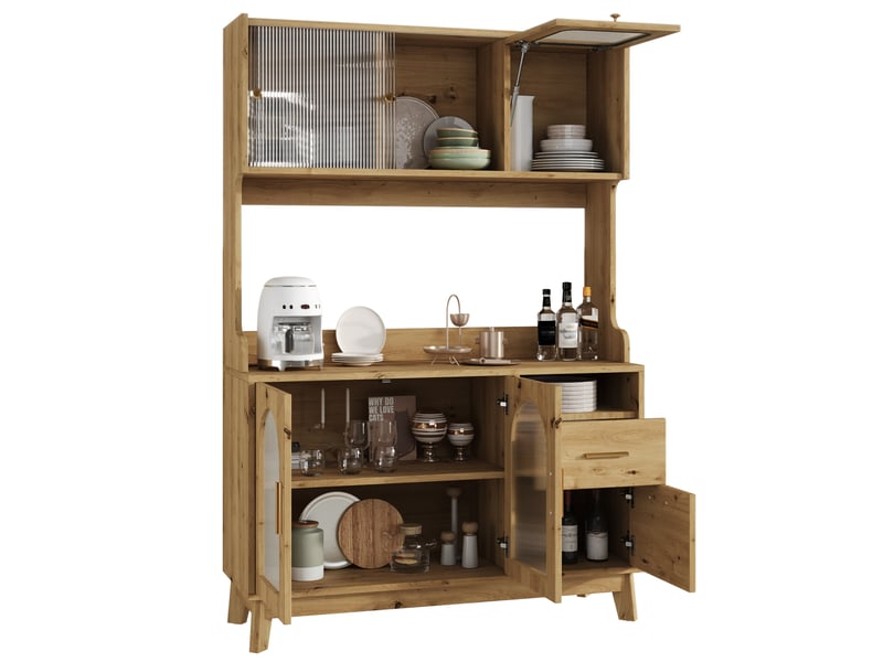  Buffet haut avec 6 portes, 1 tiroir, 2 prises et ports usb pour salle à manger en panneau de particules bois clair  - Conforama A