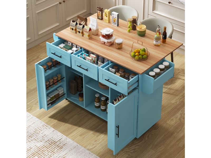  Chariot de cuisine 139x46 cm avec plateau rabattable et rangements, bleu  - Conforama C