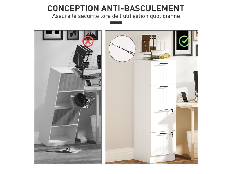  Caisson bureau, meuble rangement bois 4 tiroirs et serrure, barres de suspension réglables, blanc, 40 x 40 x 131 cm  - Conforama W