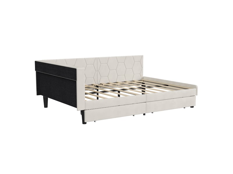  Lit avec 2 tiroirs 140x200, lit double adulte rembourré avec éclairage led et ports usbtype-c, tête de lit avec rangement, velours, moderne, beige  - Conforama D