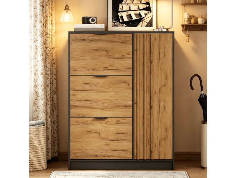  Meuble à chaussures 100x30x130 cm, 4 portes avec rangement, grande capacité, 20 paires, mdf, couleur naturel, design  - Conforama B