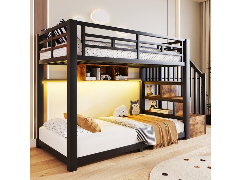 Lit superposé 90x200 cm, lit enfant avec escalier rangement, 3 niches, led via application, garde-corps, métal (sans matelas), noir CozyNest - Conforama E