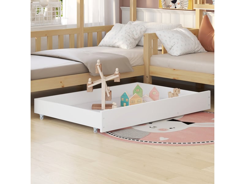 Lit cabane extensible 90 x 200 cm lit enfant gigogne bois massif de pin, sommier à lattes inclus, couleur blanc et naturel - Conforama R