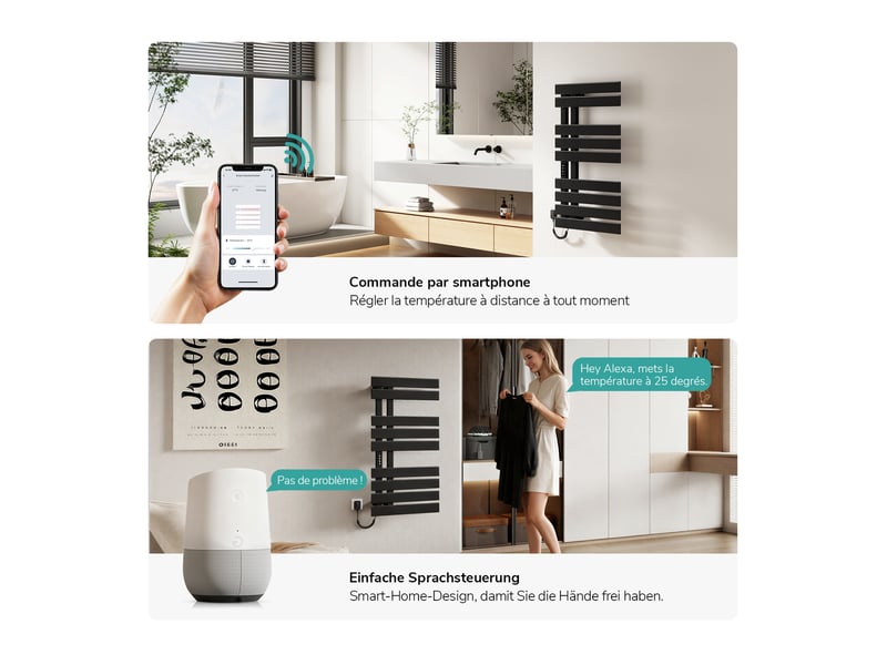  Emke sèche-serviettes électrique salle de bain wifi 320w noir 1000 x 500 mm chauffage sec mural  - Conforama C