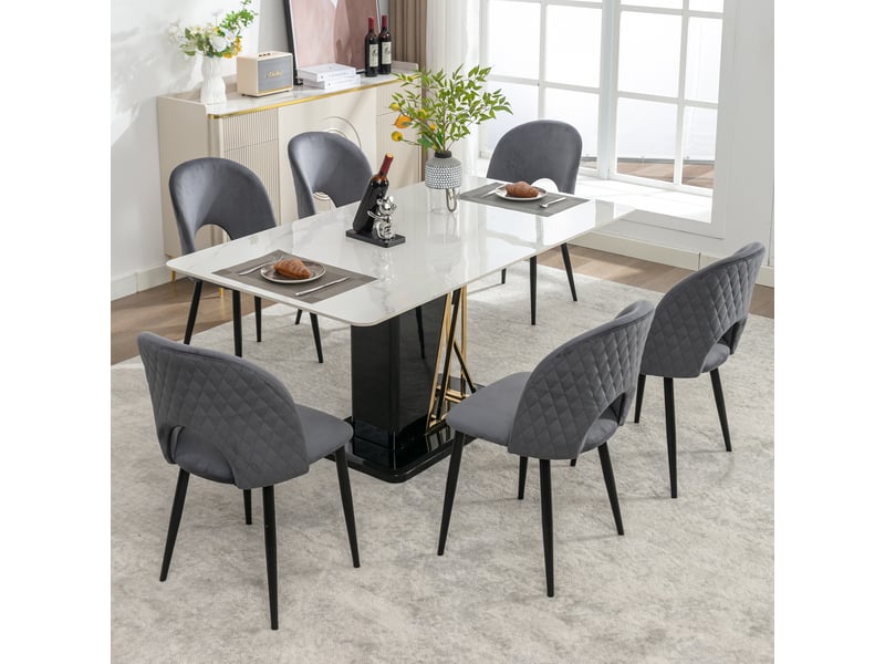  Lot de 6 chaises de salle à manger en velours gris avec dossier capitonné diamant et pieds réglables  - Conforama C