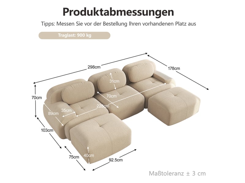 Canapé modulable en u 3 places en velours côtelé beige 298 x 178 x 70 cm - Conforama E