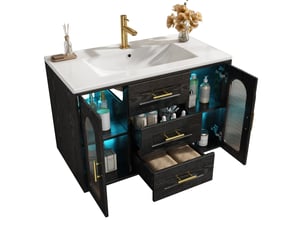 Meuble sous vasque mural 76x46x55 cm noir effet bois avec vasque et led