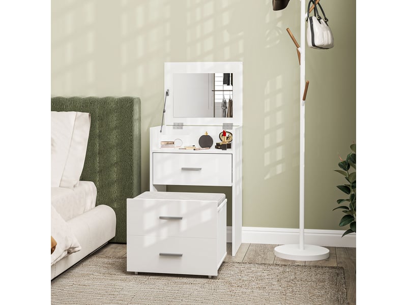  Coiffeuse avec miroir relevable et tabouret à roulettes, table de maquillage avec 2 tiroirs, coussin amovible, blanc  - Conforama D