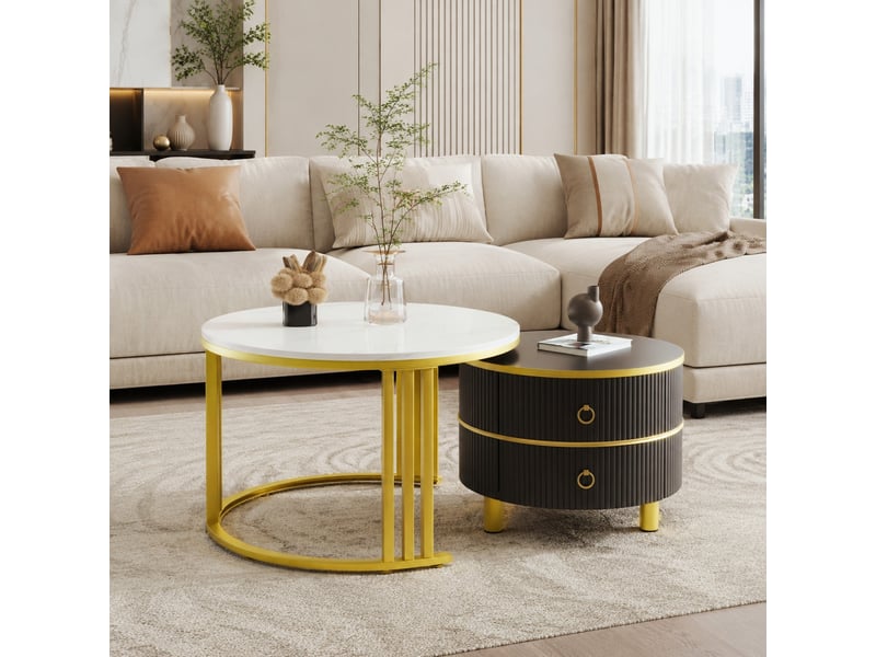  Lot de 2 tables basses rondes gigognes avec 2 tiroirs en mdf, noir et doré  - Conforama C