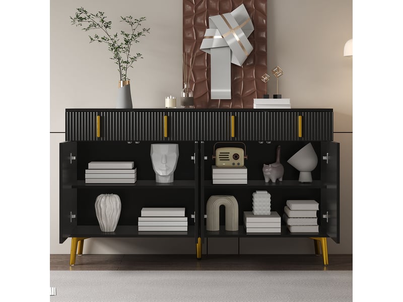  Buffet 140x38x82 cm avec 4 portes à forme incurvée et 4 tiroirs en mdf couleur noir, pieds de couleur dorée, design moderne  - Conforama D