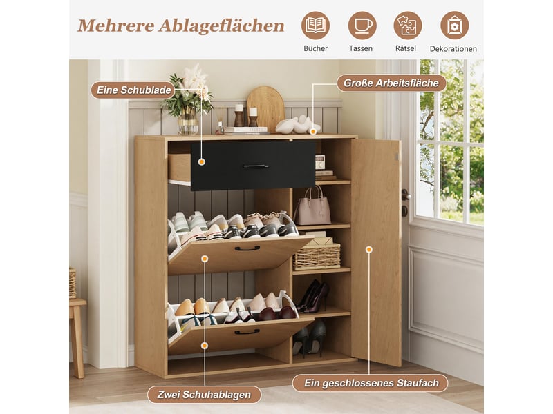 Meuble à chaussures naturel et noir 100 × 35 × 106 cm, en mdf et panneaux de particules, avec capacité 8 paires - Conforama C