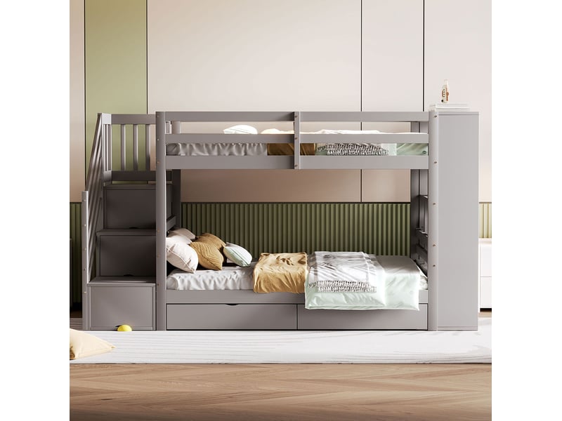  Lit superposé 90x200 cm, espace de rangement, avec escalier de sécurité et rangements, bois, couleur gris, sans matelas  - Conforama D