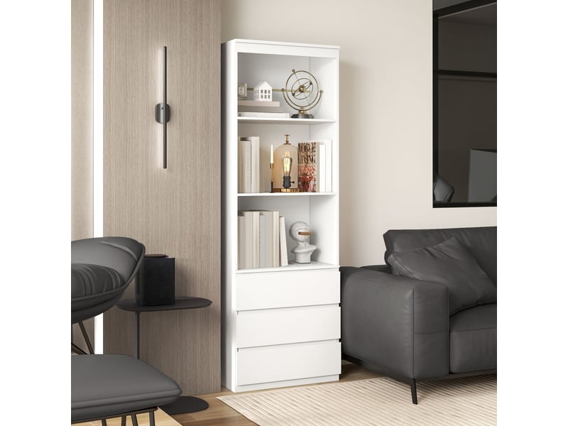  Bibliothèque haute de 180 cm avec 3 étagères et 3 tiroirs 60 x 35 x 180 cm en bois blanc  - Conforama D