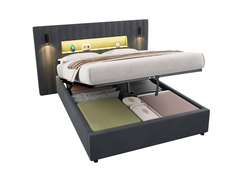  Lit coffre hydraulique ulevr 140 x 200 cm avec 2 tables de chevet, liseuses réglables led et 2 ports usb, velours gris foncégris  - Conforama A