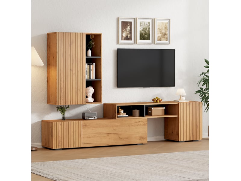  Ensemble meuble tv modulable rayofi bois et noir - meuble bas + meuble mural  - Conforama D