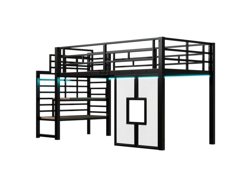  Lit mezzanine 90x200 cm noir, avec escalier de rangement 2 compartiments, fenêtres, led, structure métal, sommier inclus, sans matelas  - Conforama E