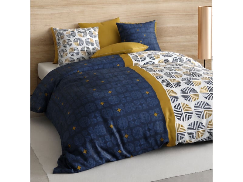  Parure housse de couette 240x220cm + 2 taies motif graphique bleu et ocre 100% coton - rufus RUFUS - Conforama B