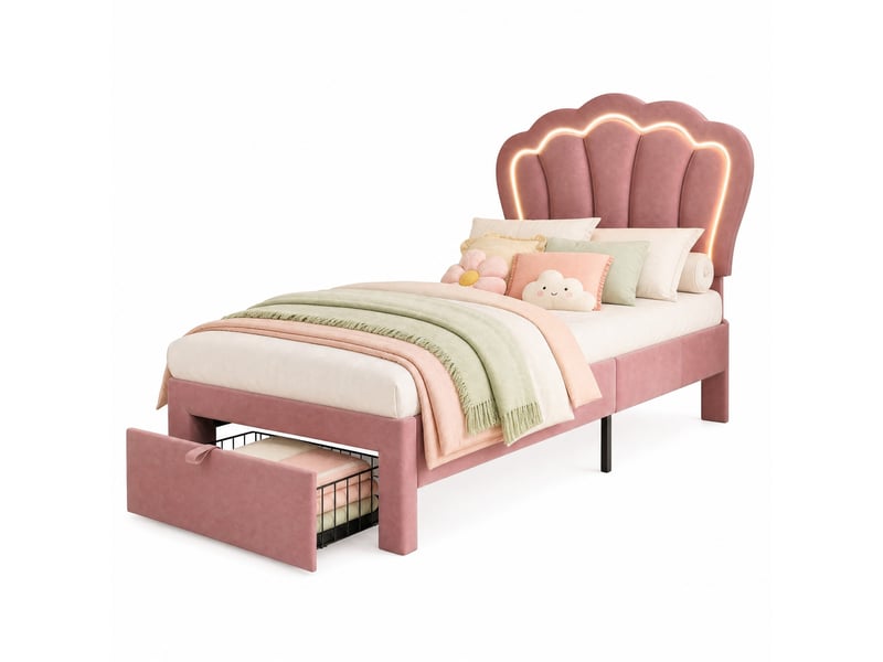  Lit enfant en velours rose, lit simple 90x200 cm avec tiroir, led et tête réglable, sans matelas  - Conforama A