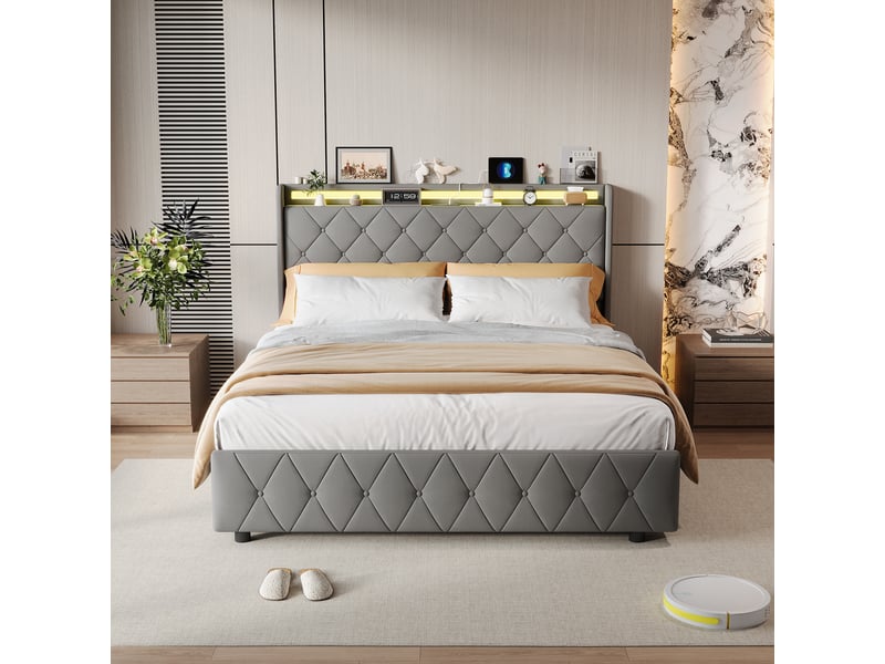  Lit double 160 x 200 cm gris – velours moelleux, tête de lit avec étagère &amp; veilleuse led, ports usbtype-c &amp; 4 tiroirs  - Conforama E