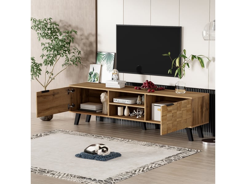 Meuble tv avec 2 portes, 2 niches et fermeture douce pour salon 160,5×35,5×45 cm en panneaux de particules bois  - Conforama B