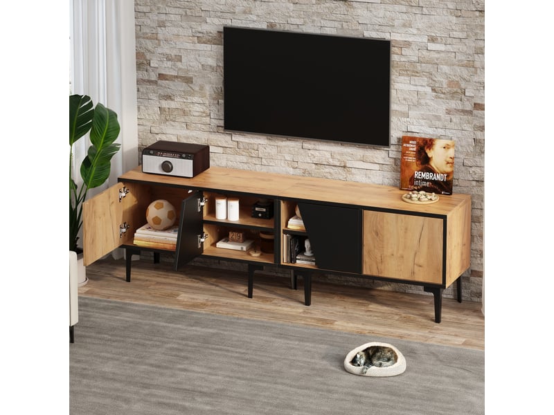  Meuble tv 160 cm pour écran 65 pouces avec 4 rangements, bois naturel et noir  - Conforama E