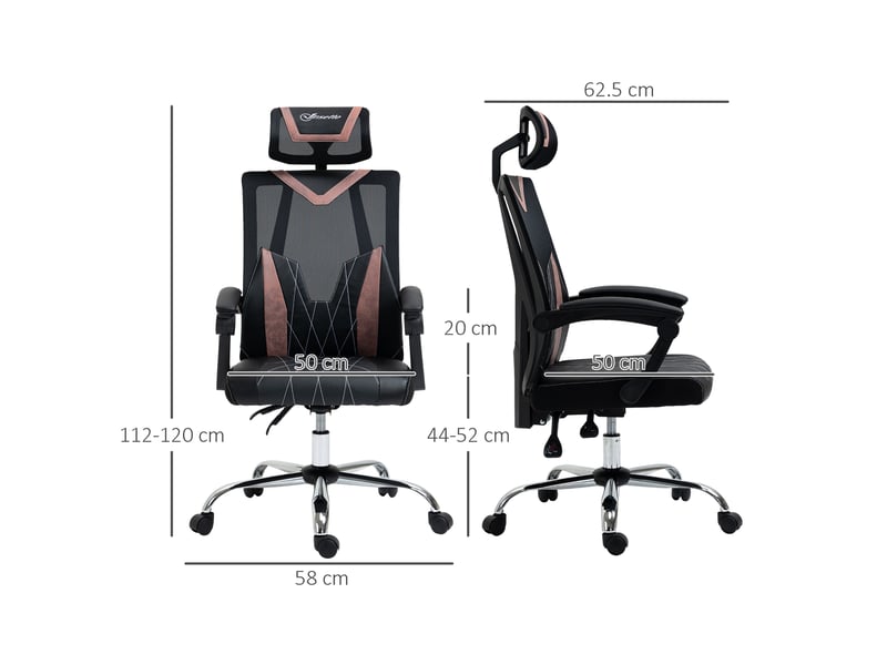  Chaise de bureau ergonomique en maille, avec roulettes, soutien lombaire et cervical, hauteur réglable et inclinable, 58 x 62,5 x 112-120 cm, rose  - Conforama E