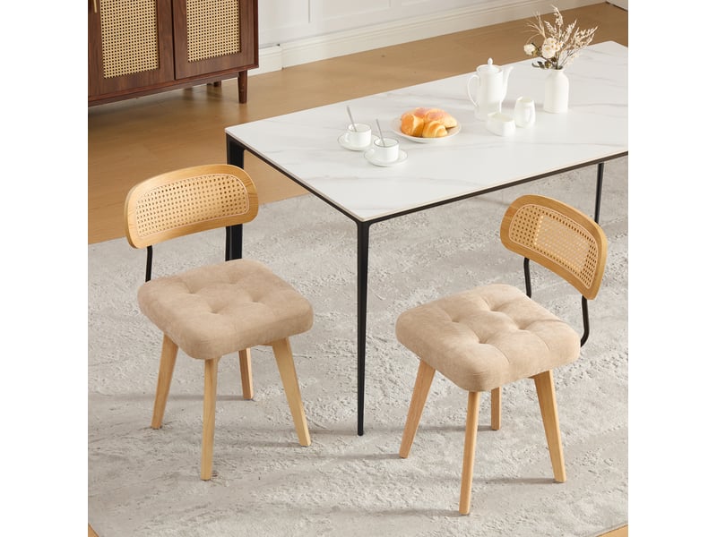  Lot de 2 chaises pivotantes 360° en chenille kaki, dossier en rotin tressé, style mid-century moderne  - Conforama C