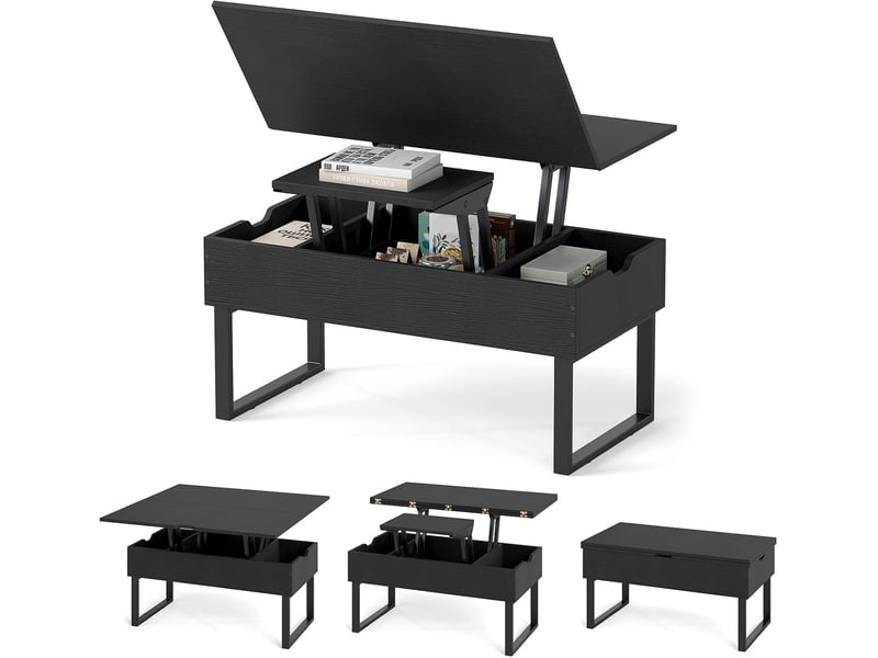  Table basse relevable 3 en 1, table d'appoint extensible avec compartiments de rangement cachés, pieds métalliques, meuble d'appoint (noir)  - Conforama A