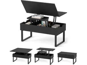 Table basse relevable 3 en 1, table d'appoint extensible avec compartiments de rangement cachés, pieds métalliques, meuble d'appoint (noir)