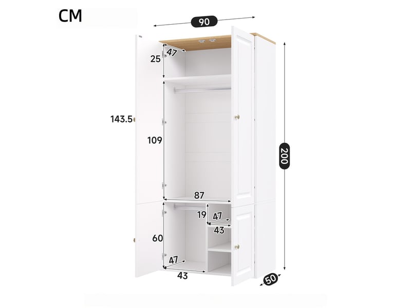  Grande armoire haute à portes battantes, 90 x 50 x 200 cm, avec 2 tringles et 4 étagères, design moderne pour chambre, blanc  - Conforama C