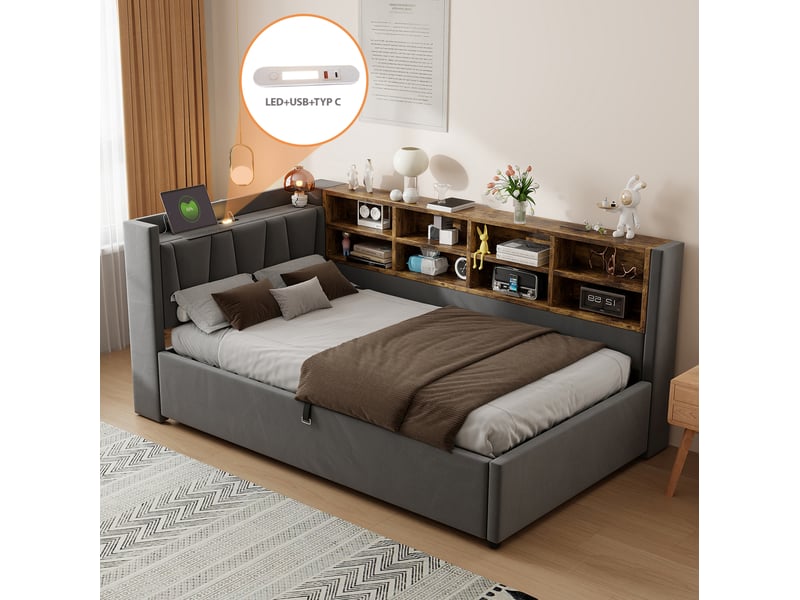  Lit coffre modenvie 90 x 200 cm en velours gris foncé avec éclairage, usb et type-c  - Conforama E