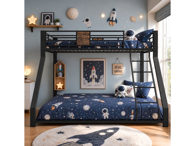  Lit superposé familial en métal noir 90x200 et 140x200 cm, échelle réversible et silencieux  - Conforama D