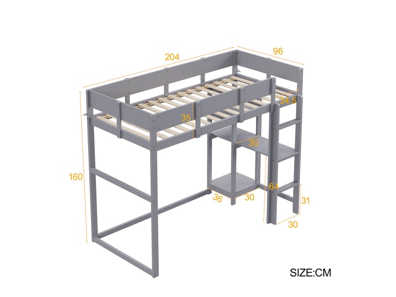 Lit mezzanine enfant 90 x 200 cm avec étagère, sommier à lattes, gris - Conforama C