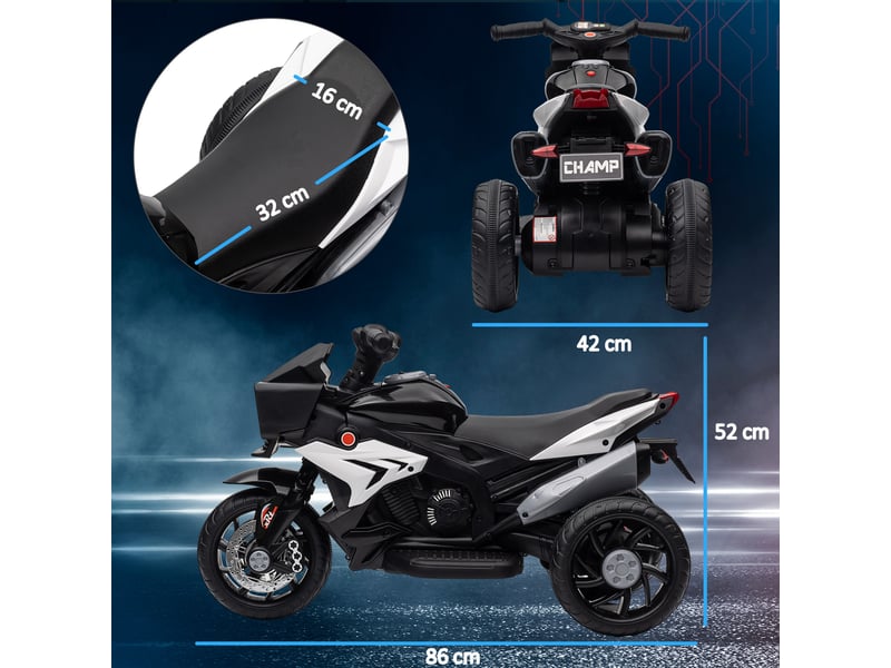  Moto électrique pour enfants de 3 à 5 ans (max. 25 kg) avec 3 roues, lumières et sons, batterie 6 v, noire, 86 x 42 x 52 cm  - Conforama E