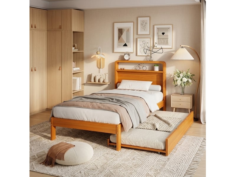  Lit gigogne modenvie 90 x 200 cm avec lit d'appoint 90 x 190 cm réversible gauchedroite tête de lit arrondie bois naturel  - Conforama D