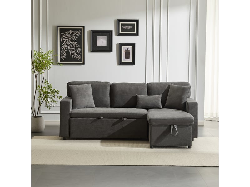  Canapé d'angle convertible réversible gris foncé avec coffre de rangement, lit en l tissu oxford, port usb et étagère intégrée, 214x131 cm  - Conforama E