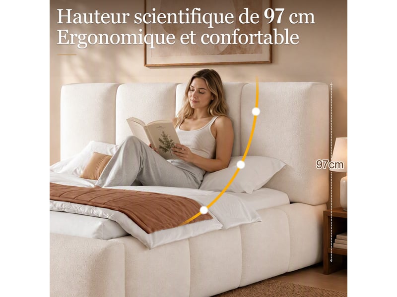  Lit double rembourré 160x200cm, mécanisme hydraulique, sommier lattes, tête de lit et grand rangement, blanc bouclé  - Conforama E
