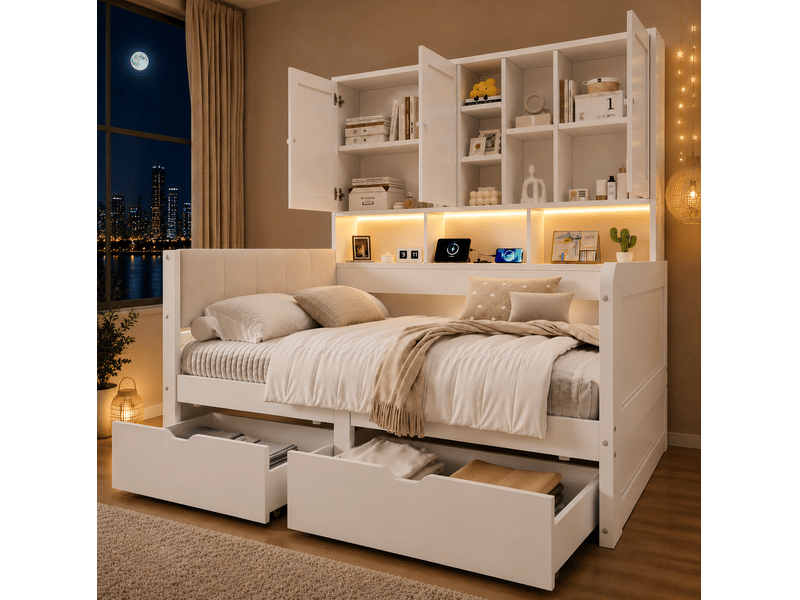 Lit enfant 90x200 cm avec rangements, led, prises usb et tête de lit en pu, blanc  - Conforama B