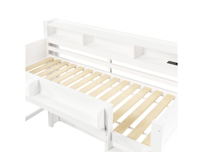  Lit mezzanine enfant 90x200 cm avec led et étagères, lit simple avec aire de jeux dous le lit et port usb, en bois blanc Bubbly - Conforama D