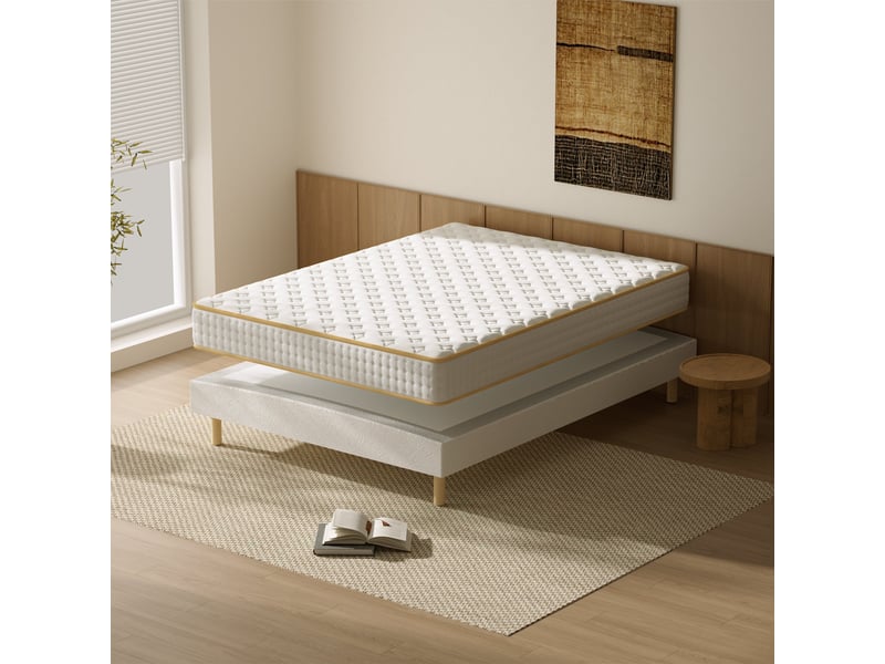  Ensemble matelas en mousse+ lit sommier tapissier déco 140x190cm, epaisseur du matelas 18cm  - Conforama E