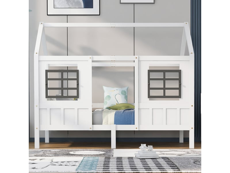  Lit enfant 90x200 cm – lit simple type cabane avec 2 fenêtres – cadre mdf – sans matelas – blanc  - Conforama E